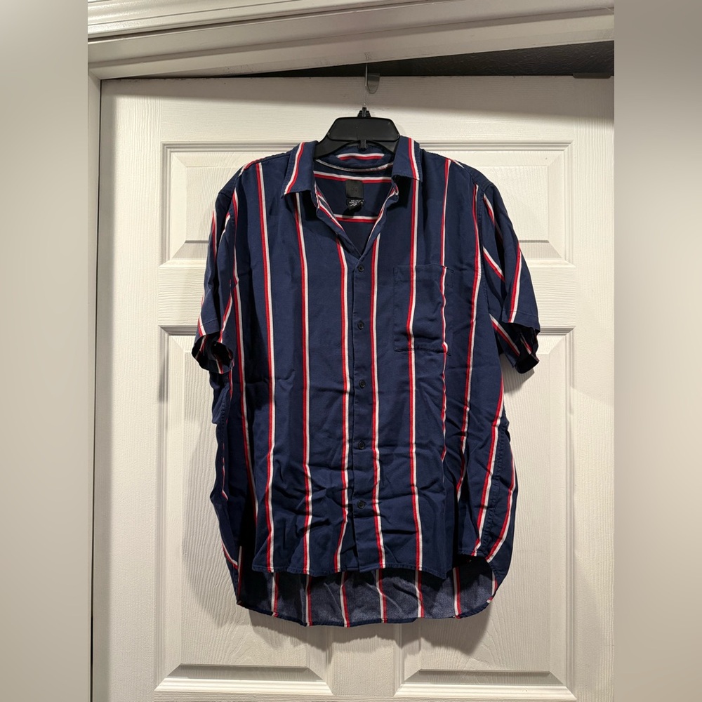 H&M Men's Striped Navy Shirt with Red and White Accents